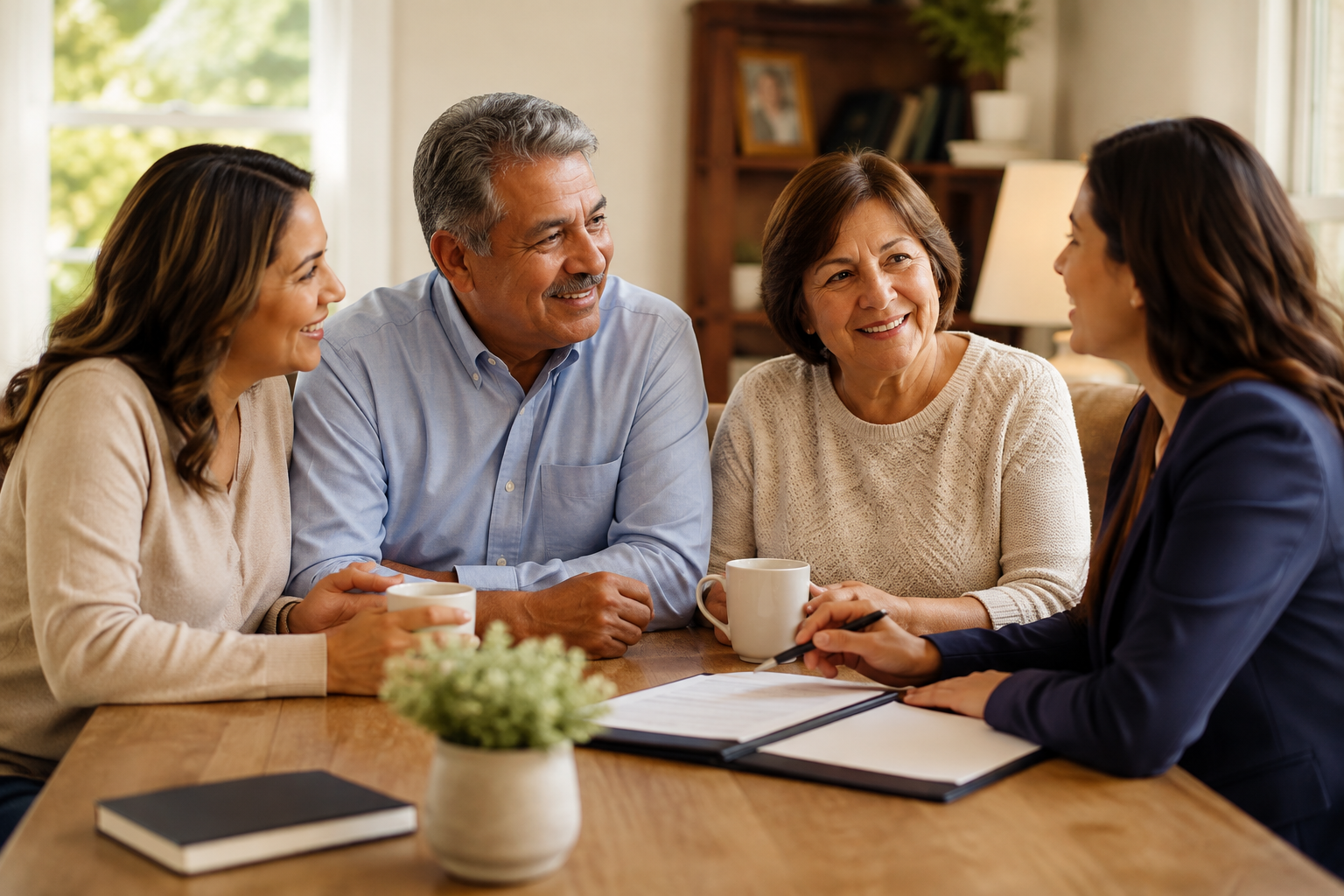 A family sitting together at a table, reviewing documents with an insurance professional