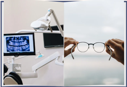 A dental treatment room and eyeglasses resting on an eye chart